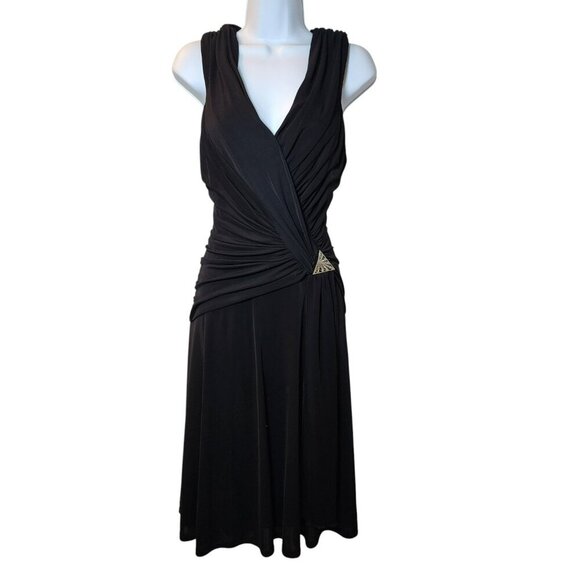Tadashi Black Ruched Sleeveless Cocktail Dress Size Small V-Neck Midi Formal - Picture 1 of 8